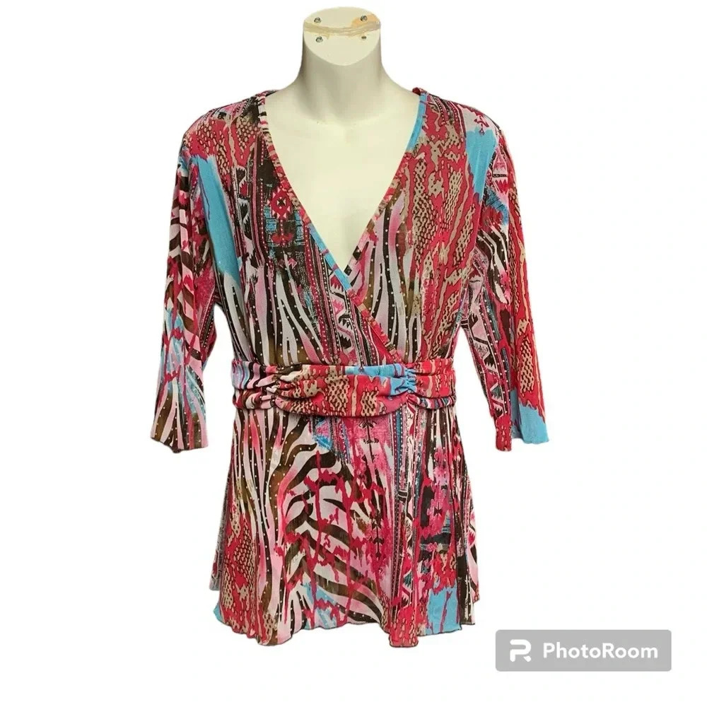 Tribal size large tie back long sleeve top deep V neck